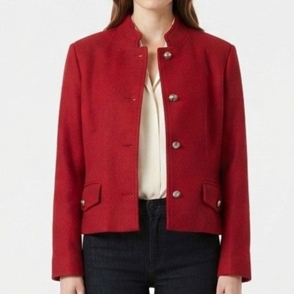 BFA‎ Classics Wool Blazer Women 6P Red Stand Collar Crest Button Vintage Style